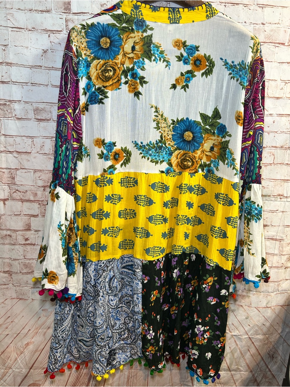 Boho Chic Patchwork Tunic Mini Dress Multicolor Floral Paisley Pom Trim Large - Picture 7 of 7